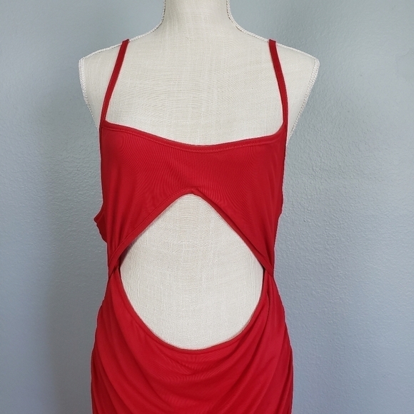 PRETTY LITTLE THING Cut Out Ruched Mesh Maxi Dress Red Sz 14 - Picture 2 of 9